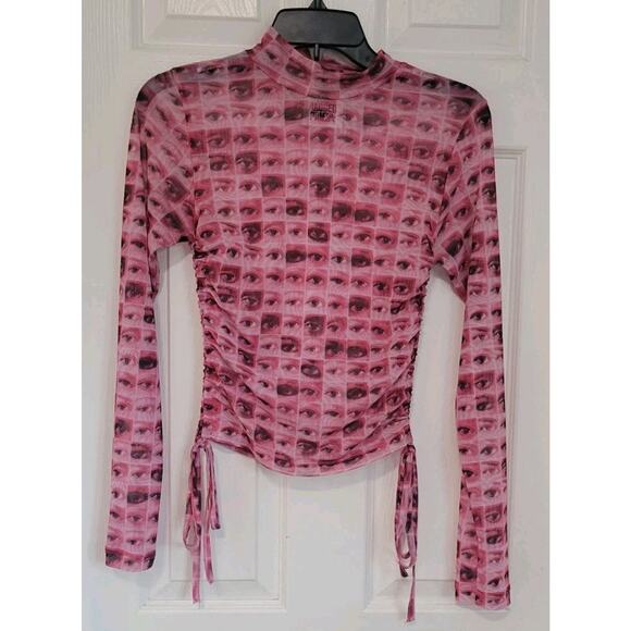 The Ragged Priest High Neck Cropped Ruched Longsleeve Pink Sheer Top Sz 8 - Picture 1 of 7